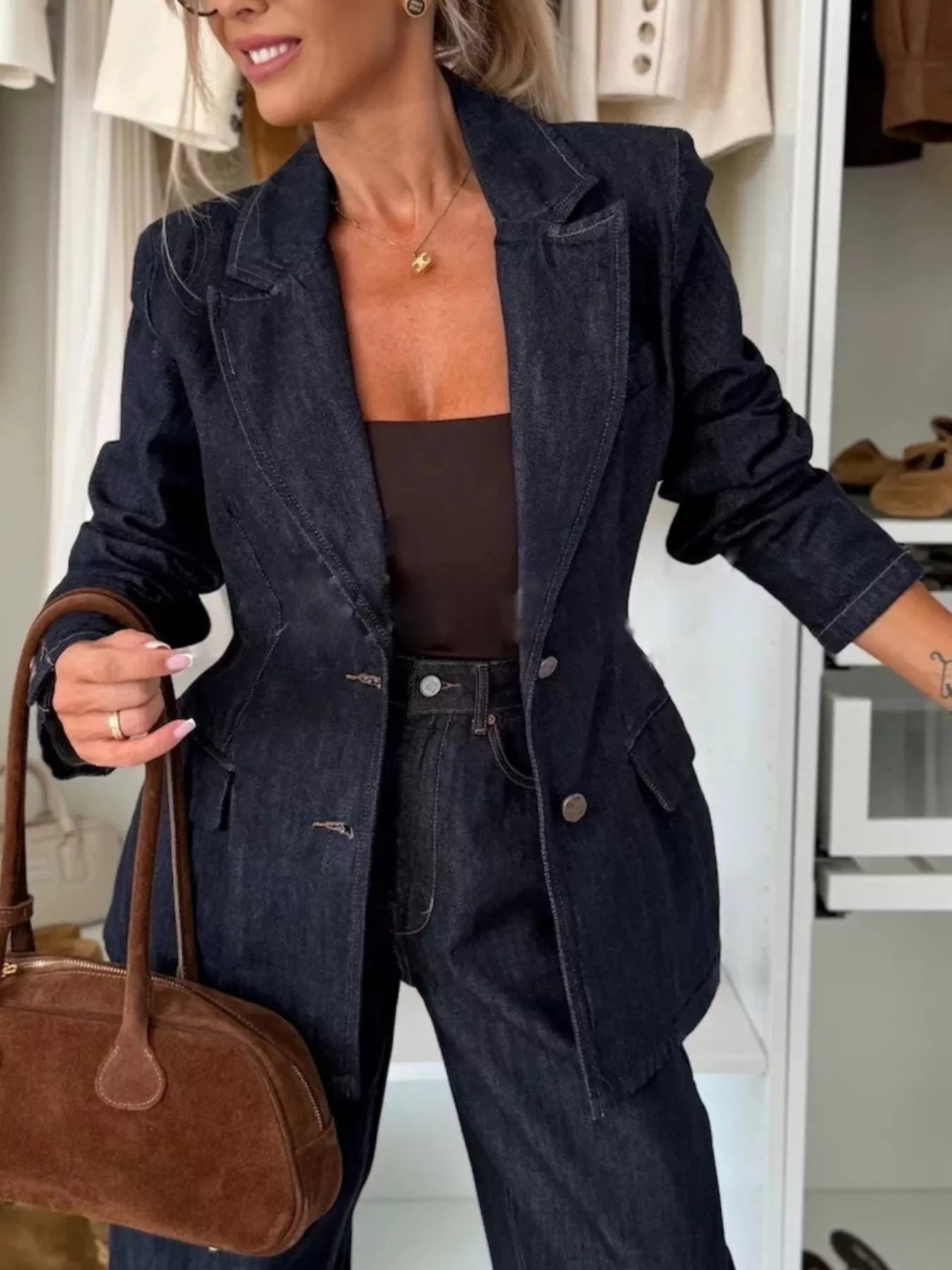 Single-Breasted Washed Denim Blazer 