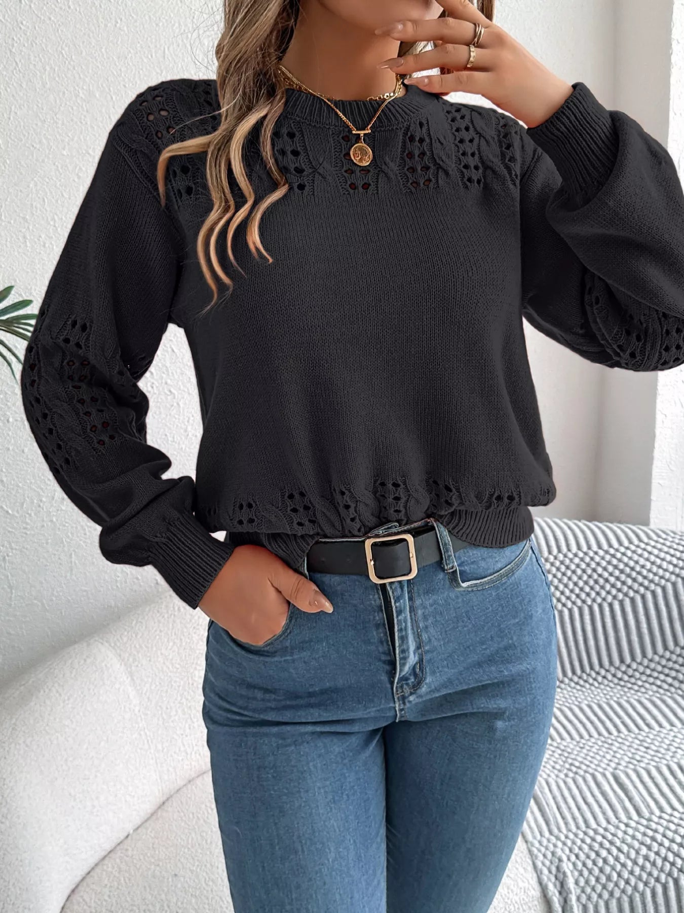 Hollow Out Eyelet Long Sleeve Sweater 