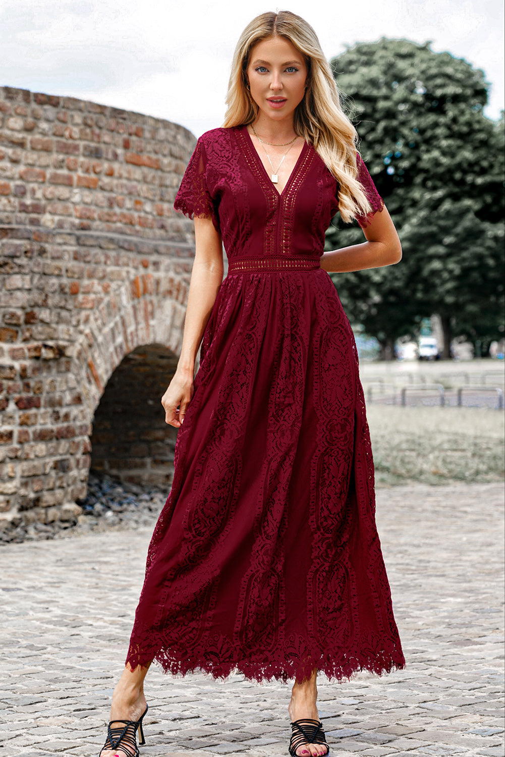 Scalloped Trim Lace Plunge Dress 