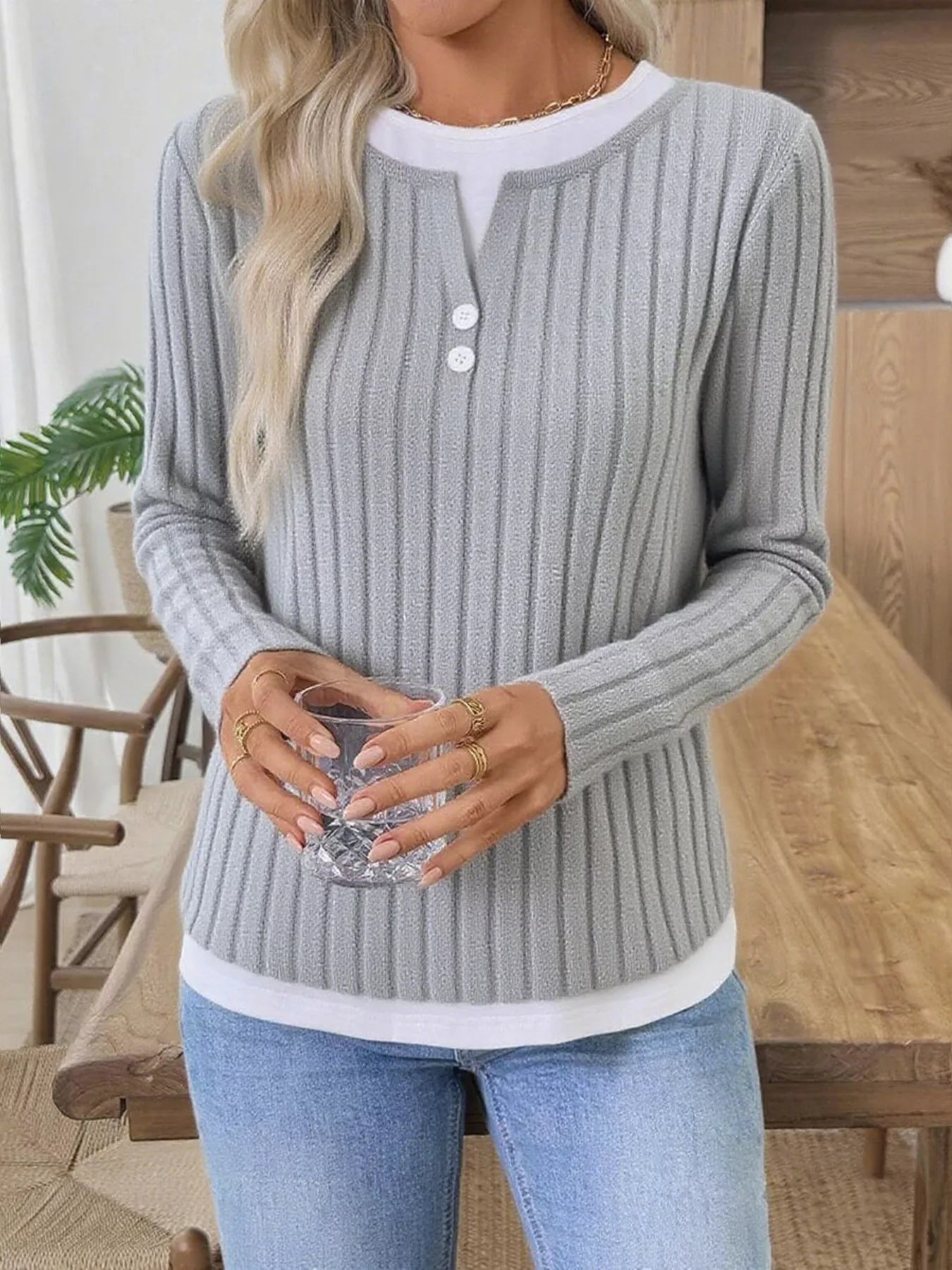 Ribbed Knit Button Detail Contrast Sweater 