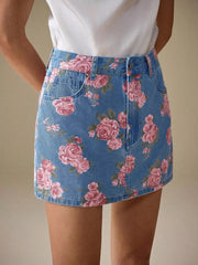 Floral Print Denim Skirt 