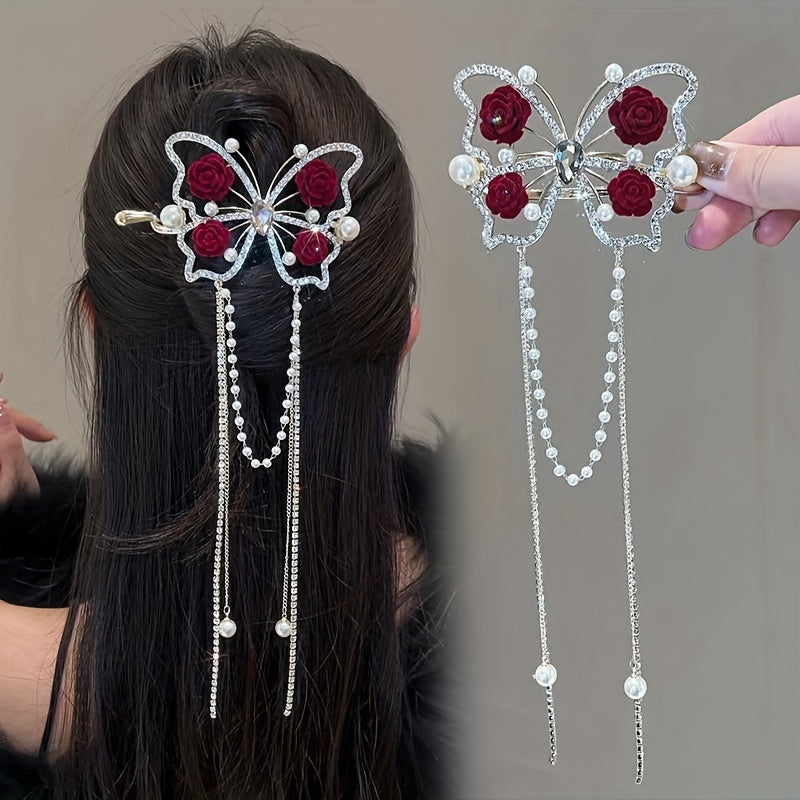 Blooming Butterfly Rhinestone Hair Pin | Multi-Color Metal Updo Accessory 