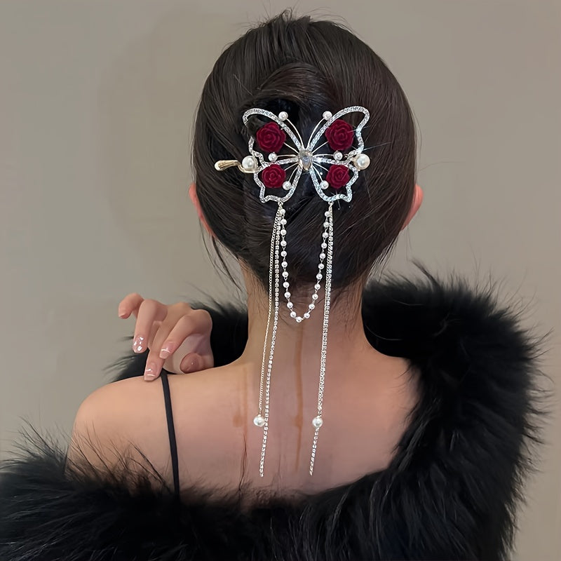 Blooming Butterfly Rhinestone Hair Pin | Multi-Color Metal Updo Accessory 