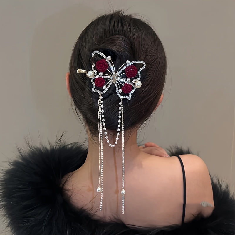 Blooming Butterfly Rhinestone Hair Pin | Multi-Color Metal Updo Accessory 