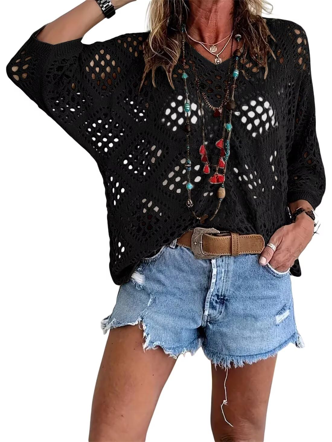 Breezy Crochet V-Neck Top | Lightweight Short-Sleeve Summer Layer 