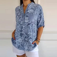 Breezy Floral V-Neck Top | Lightweight Polyester Blouse With Roll-Tab Sleeves 