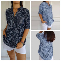 Breezy Floral V-Neck Top | Lightweight Polyester Blouse With Roll-Tab Sleeves 