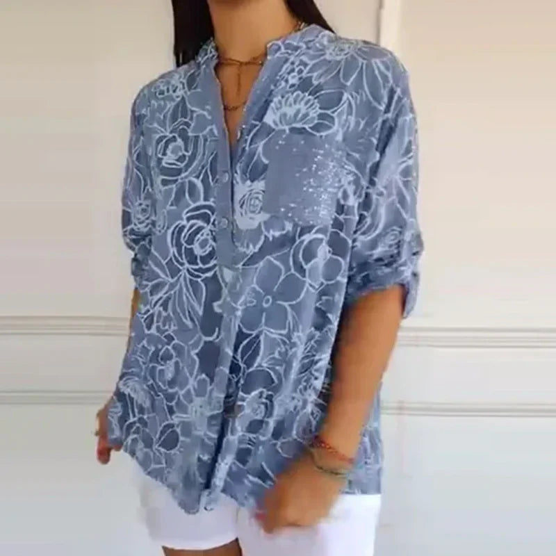 Breezy Floral V-Neck Top | Lightweight Polyester Blouse With Roll-Tab Sleeves 