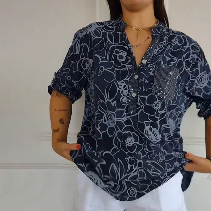Breezy Floral V-Neck Top | Lightweight Polyester Blouse With Roll-Tab Sleeves 