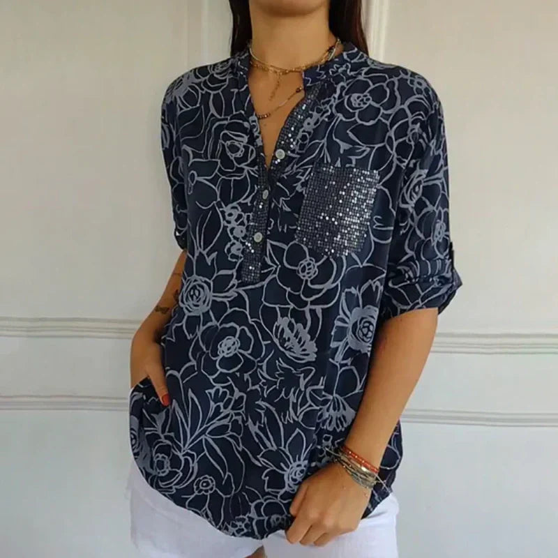 Breezy Floral V-Neck Top | Lightweight Polyester Blouse With Roll-Tab Sleeves 