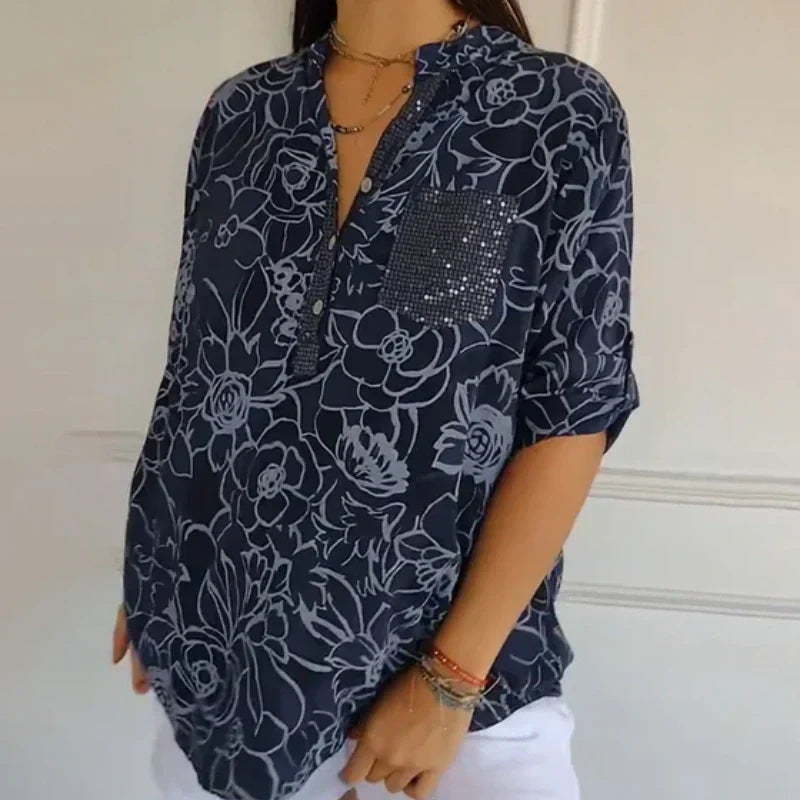 Breezy Floral V-Neck Top | Lightweight Polyester Blouse With Roll-Tab Sleeves 