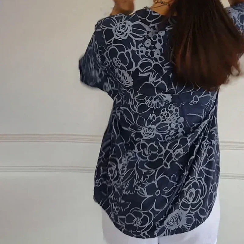 Breezy Floral V-Neck Top | Lightweight Polyester Blouse With Roll-Tab Sleeves 