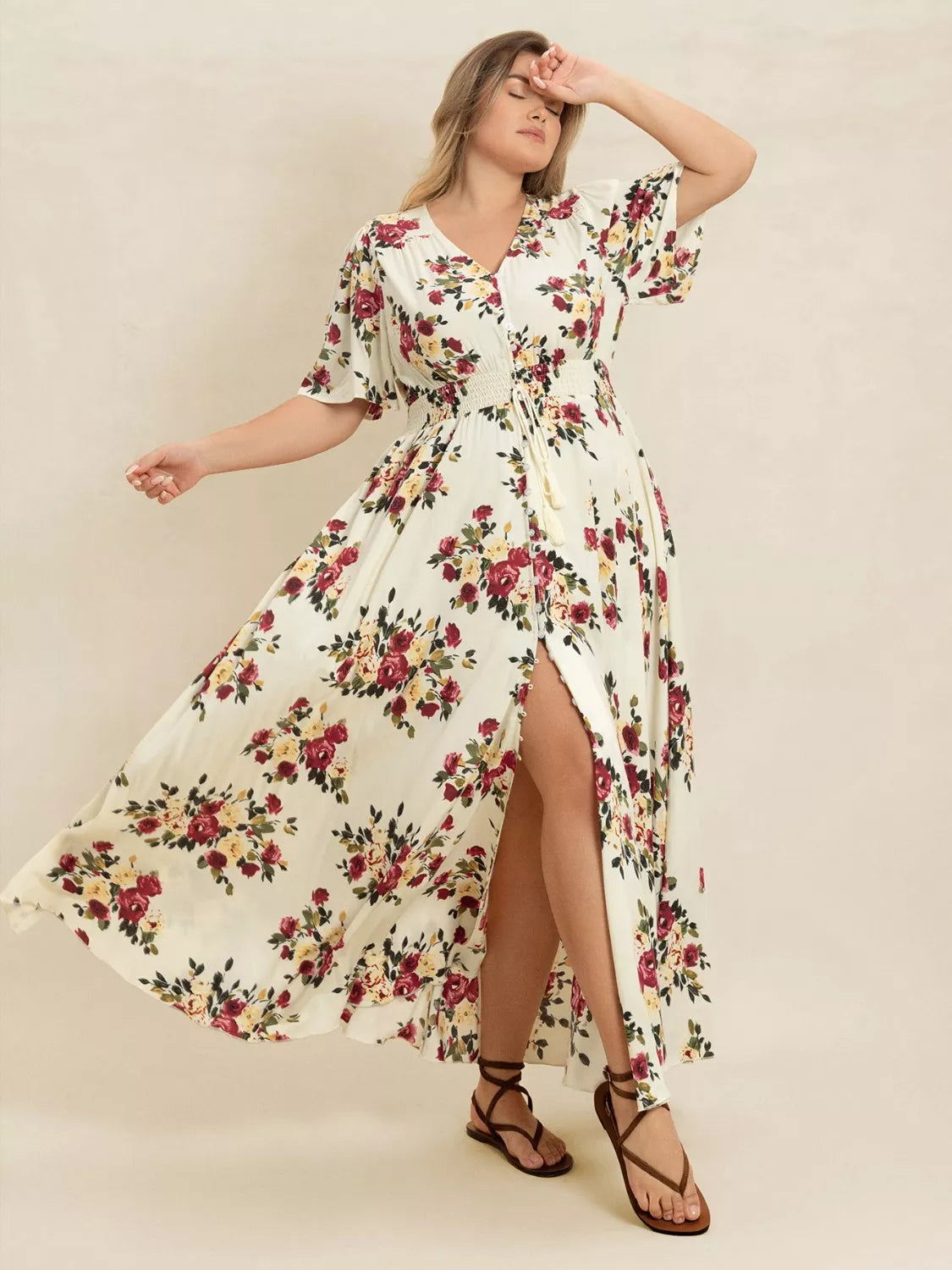 Plus Size Floral Flutter Sleeve Maxi Dress with Button Front 
