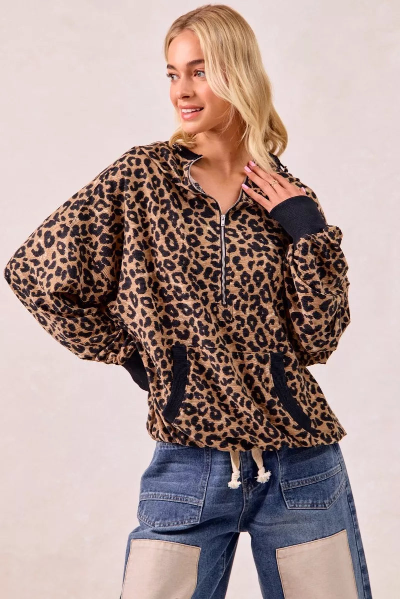 BiBi Leopard Print Waffle Half Zip Up Hoodie W Pocket 