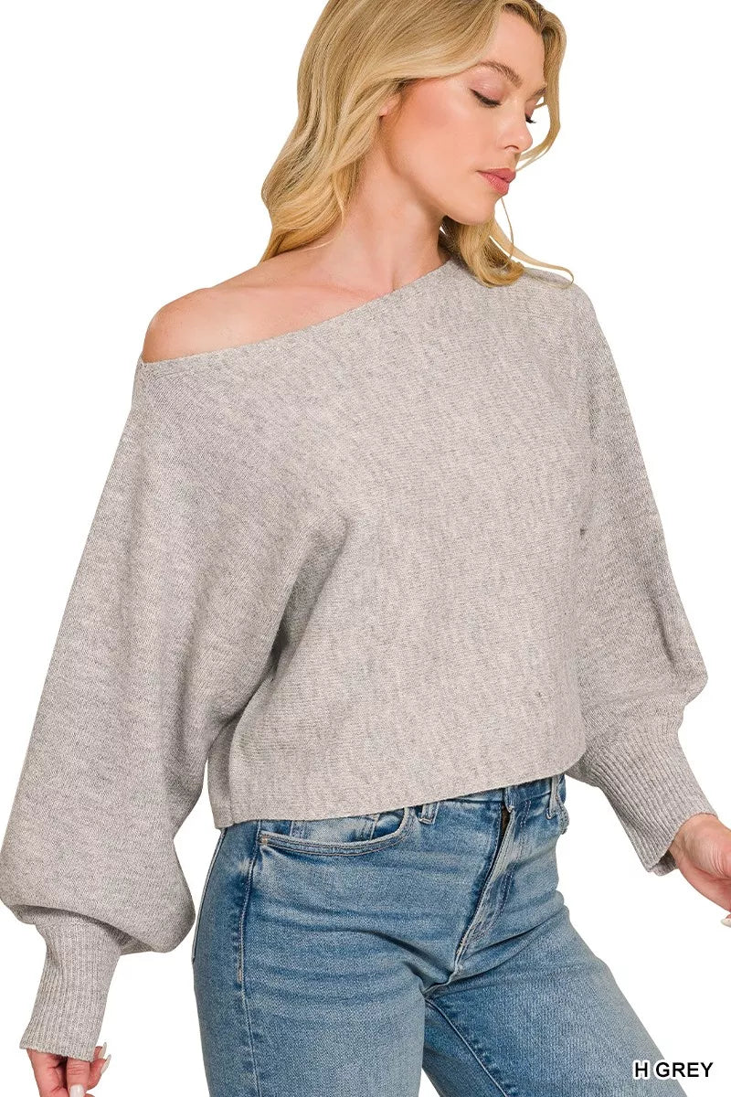 Zenana Boat Neck Balloon Sleeve Sweater 