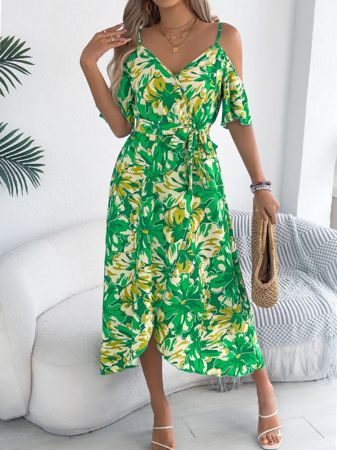 Printed Cold Shoulder Midi Cami Dress 