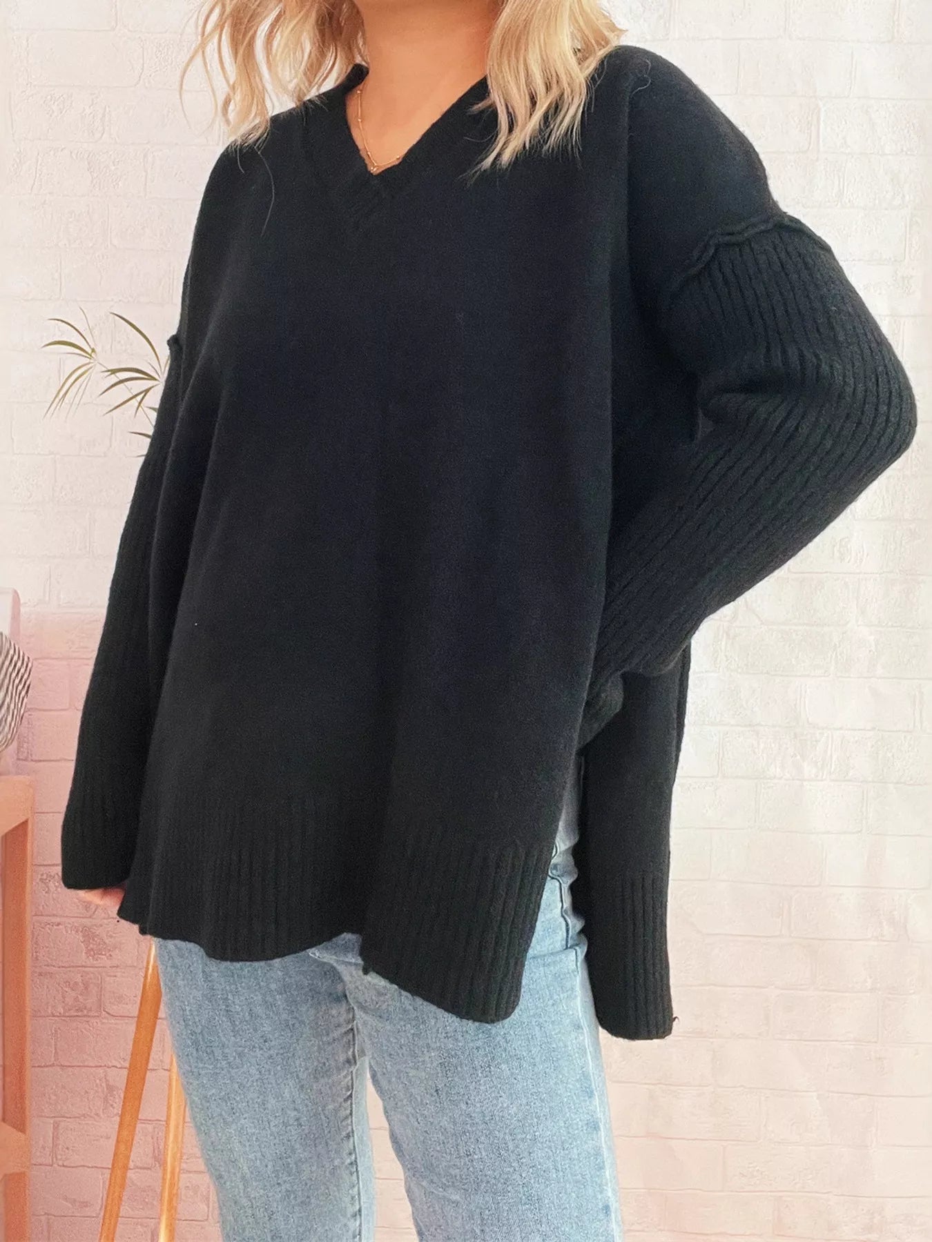 V-Neck Dropped Shoulder Sweater 