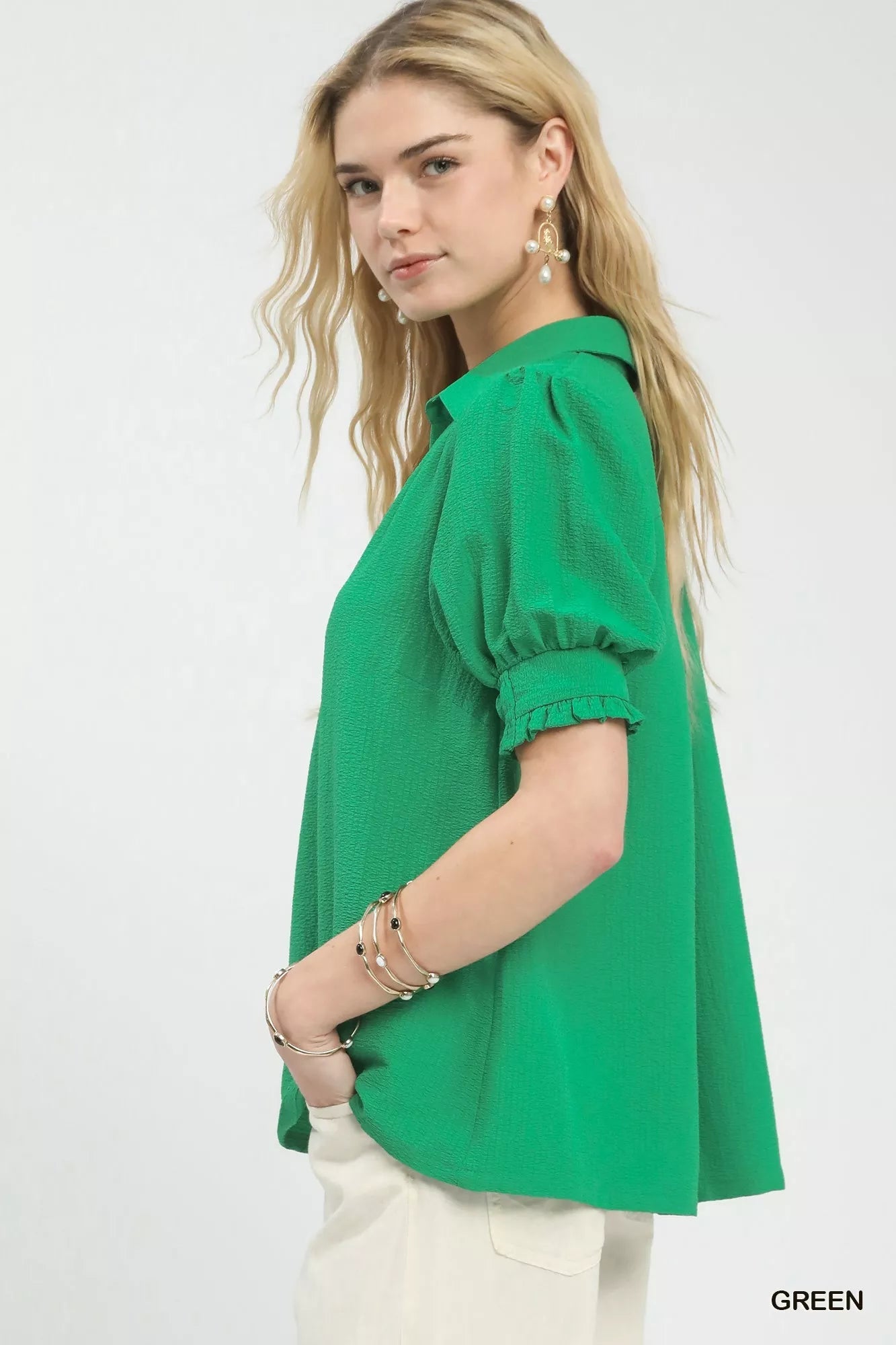Umgee Seersucker Puff Sleeve Blouse 