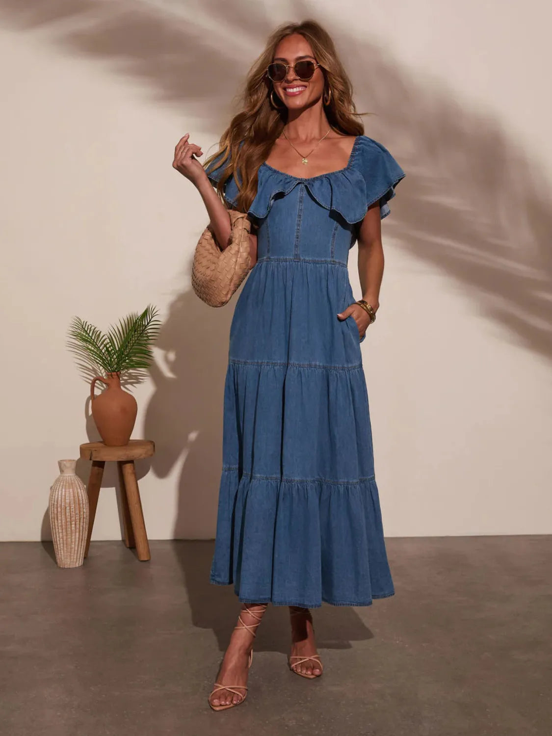 Off Shoulder Ruffle Tiered Denim Dress 