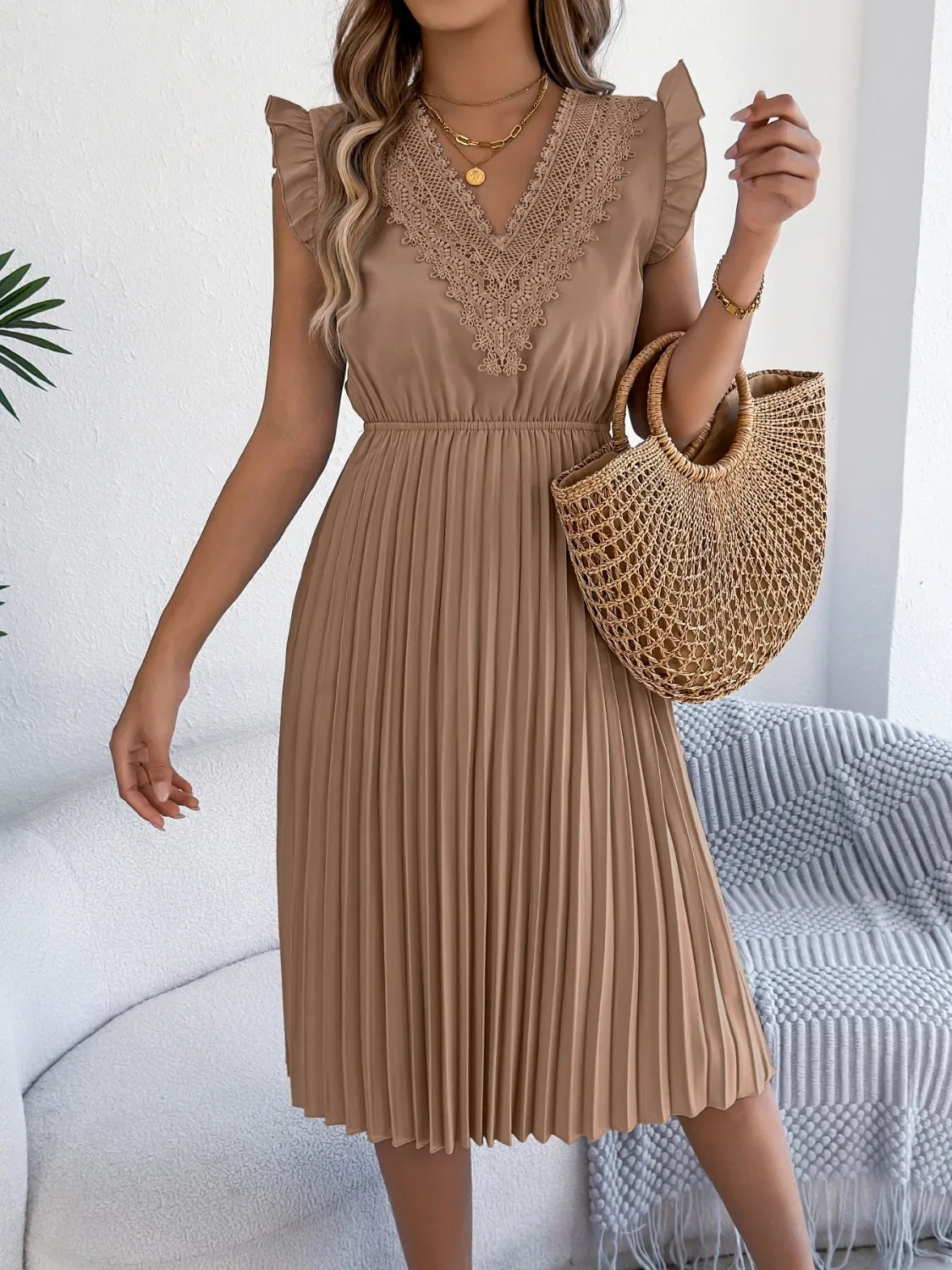 Lace Detail Ruffled Cap Sleeve Pleated Dress 