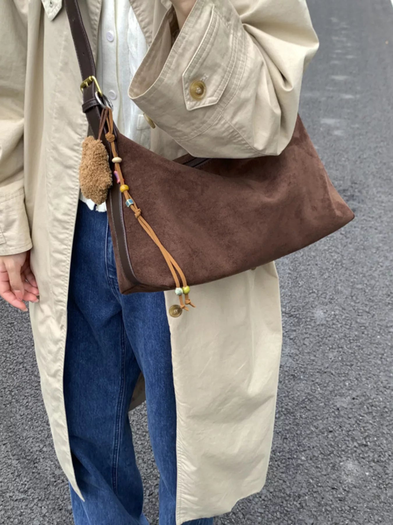 Solid Color Suede Hobo Crossbody Bag 