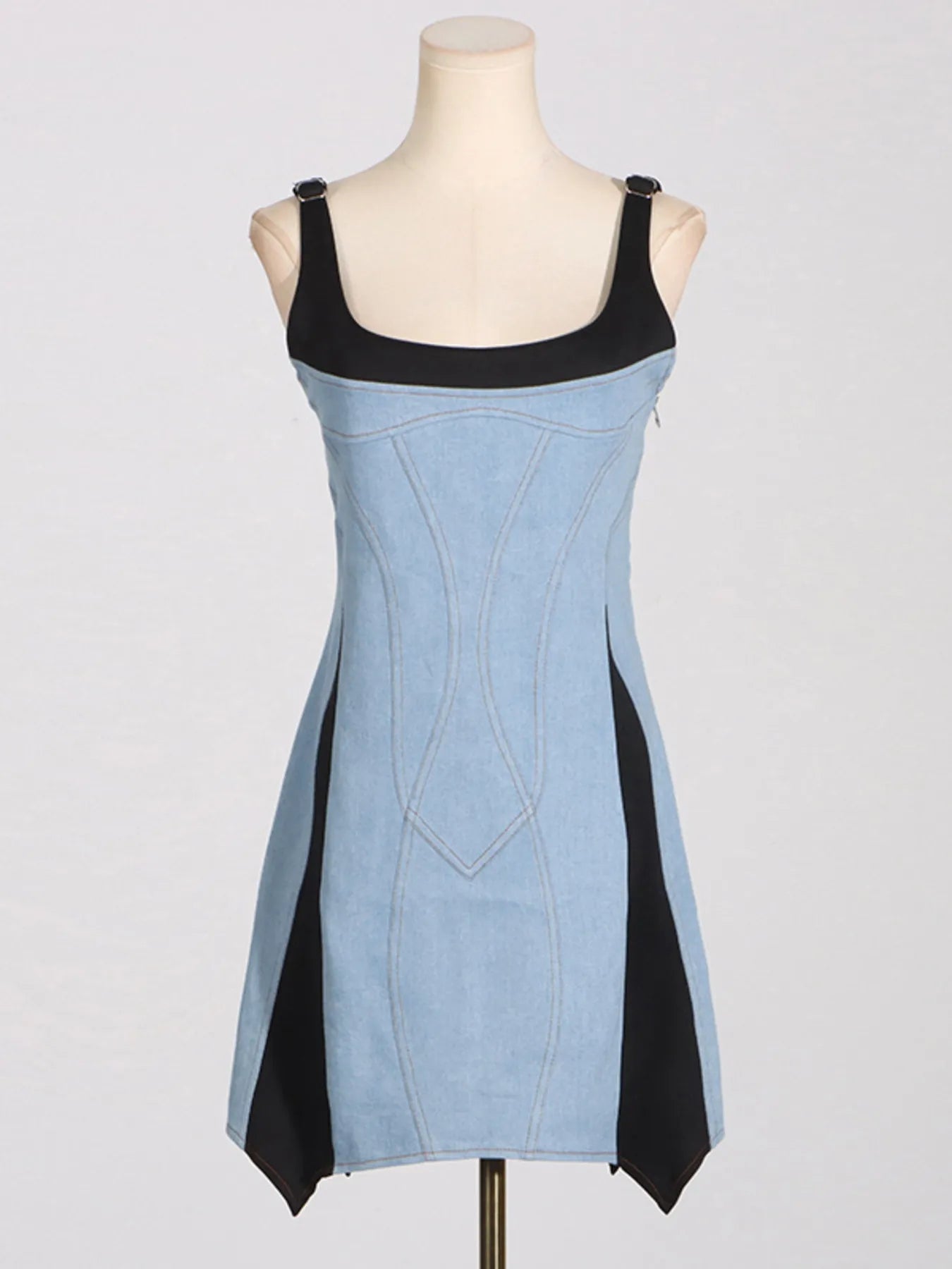 Contrast Adjustable Strap Denim Dress 