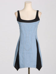 Contrast Adjustable Strap Denim Dress 