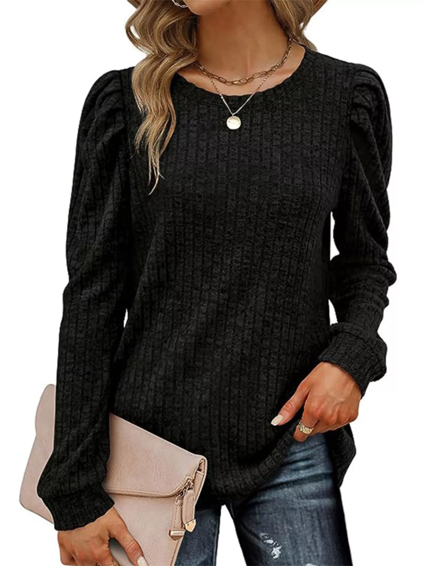 Ribbed Knit Top with Puff Sleeves 