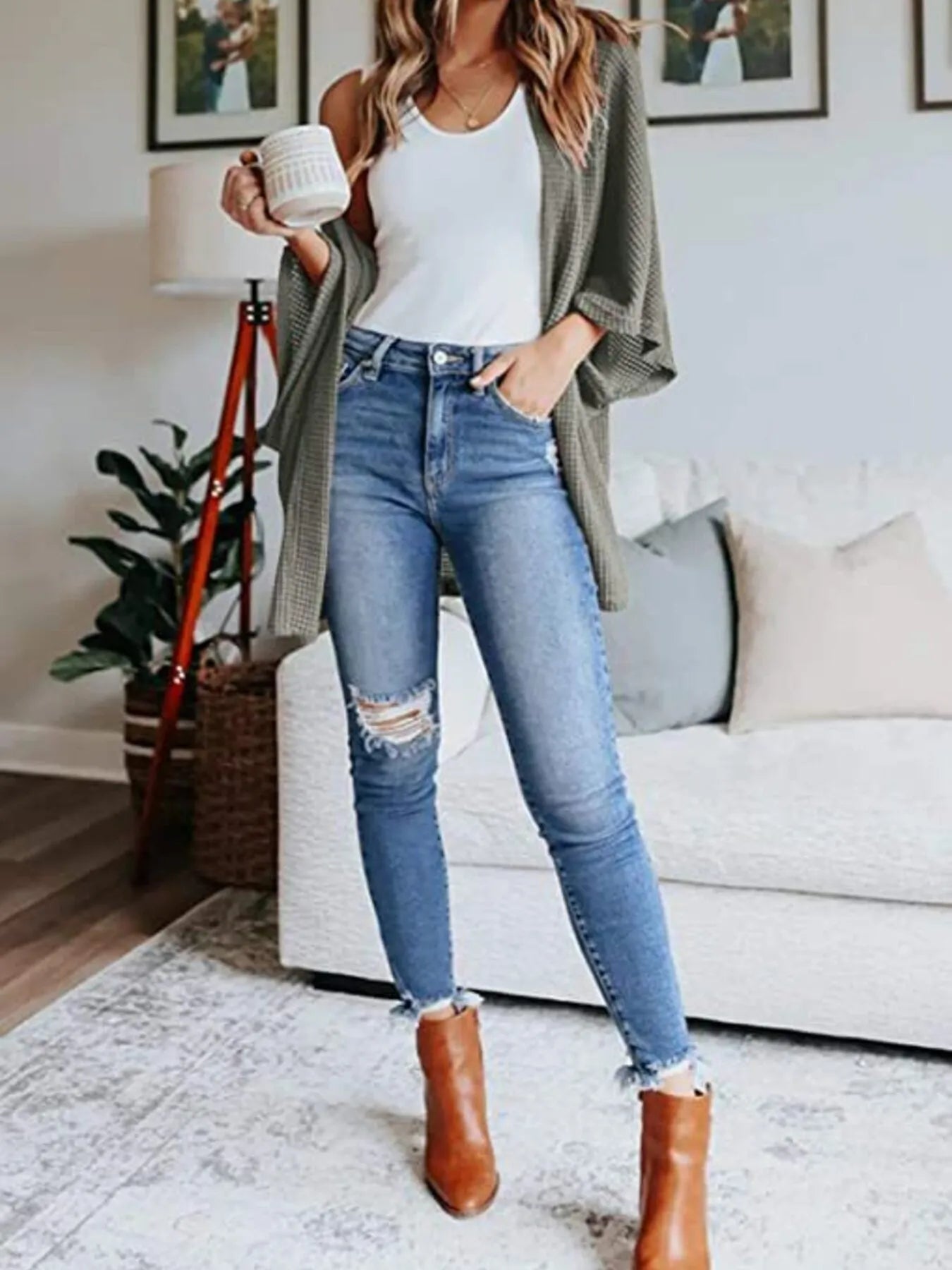 Full Size Open Front Waffle Knit Cardigan Plus Size 