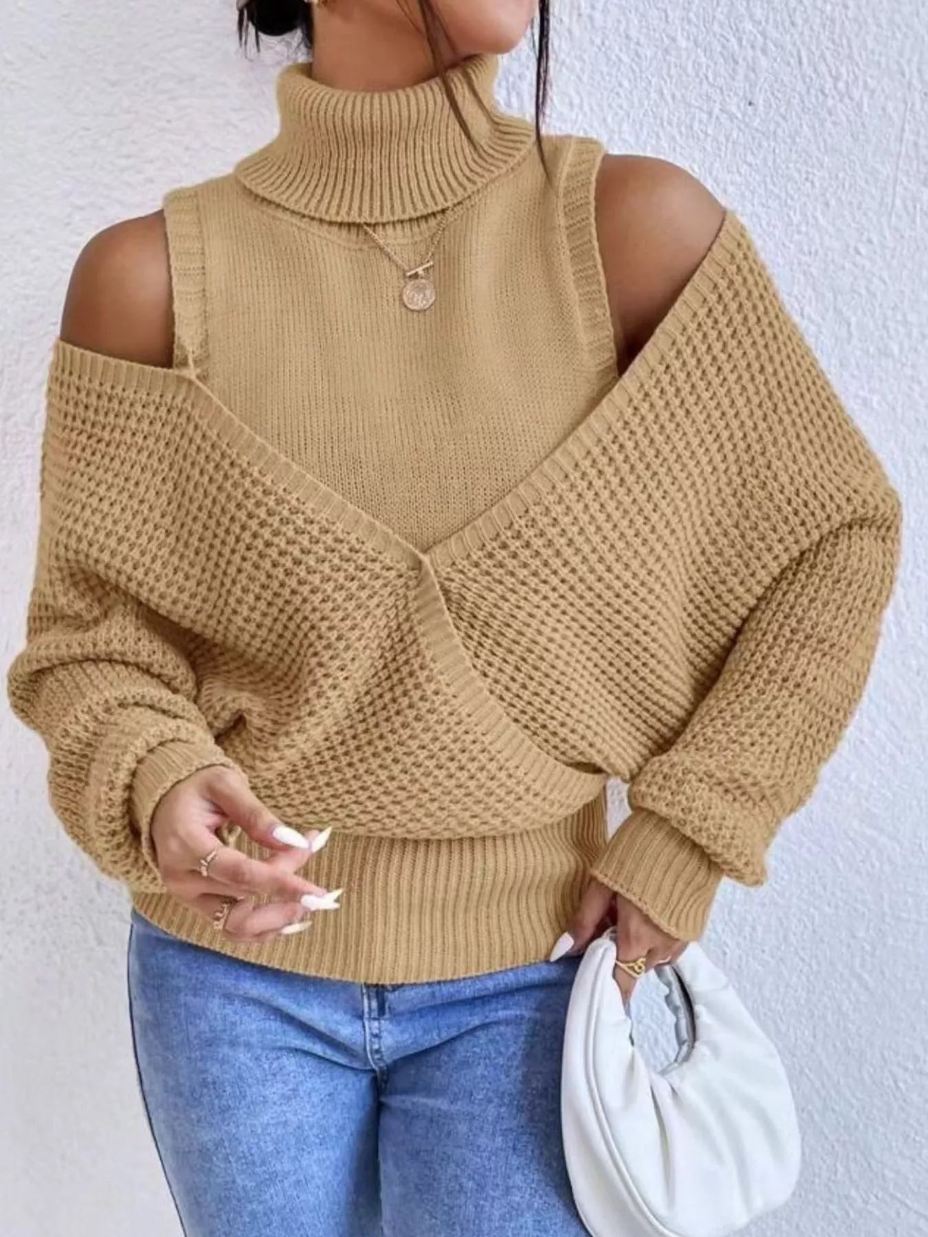 Waffle Knit Cold Shoulder Turtleneck Sweater 
