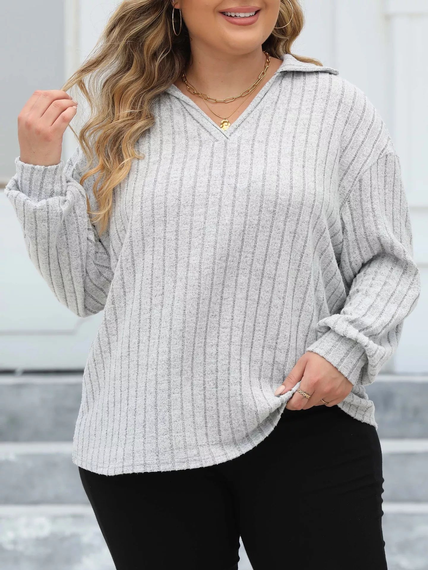 Plus Size Ribbed Knit Polo Collar T-Shirt 
