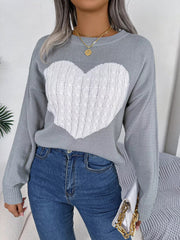 Cable Knit Heart Round Neck Sweater 