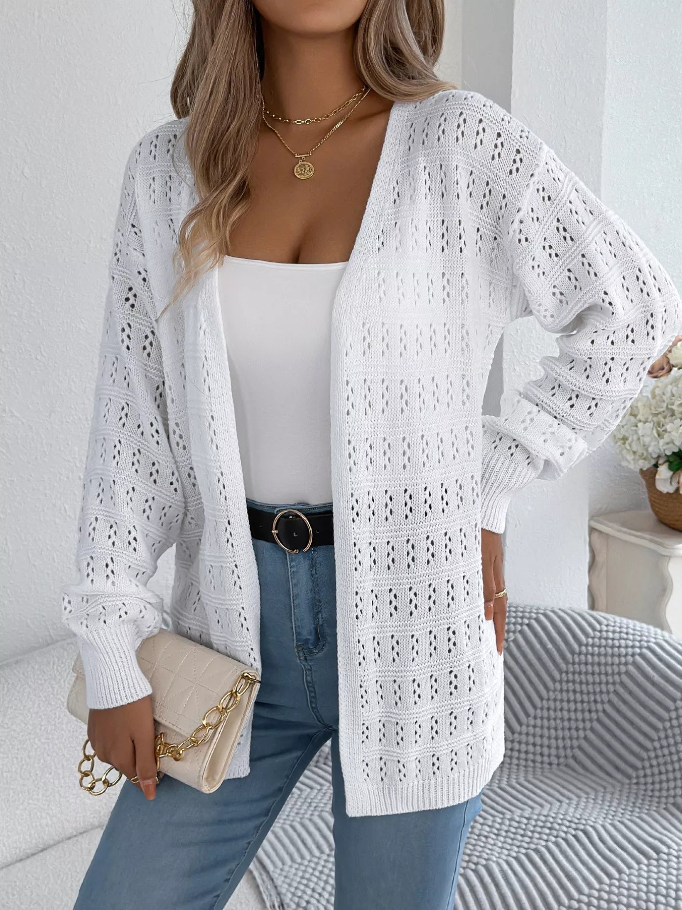 Open-Front Crochet Knit Cardigan 