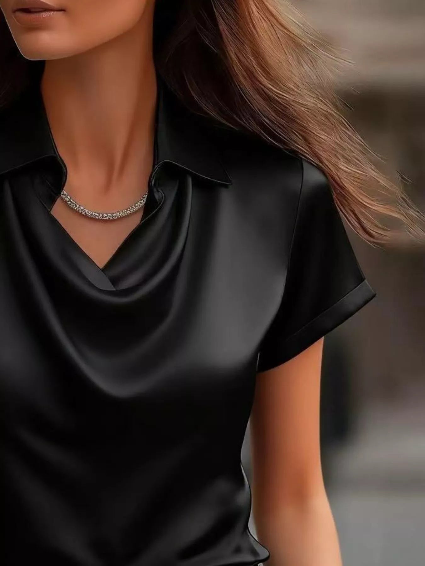Full Size Cowl Neck Short Sleeve Satin Blouse Plus Size 