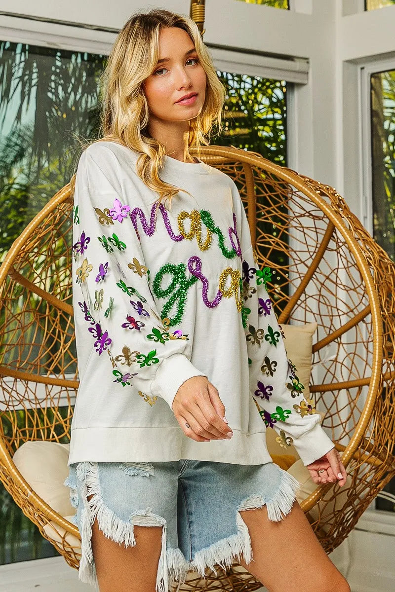 BiBi Fleur De Lis Sleeve Mardi Gras Pullover 