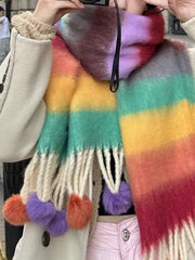 Rainbow Striped Fuzzy Scarf with Pom-Poms 
