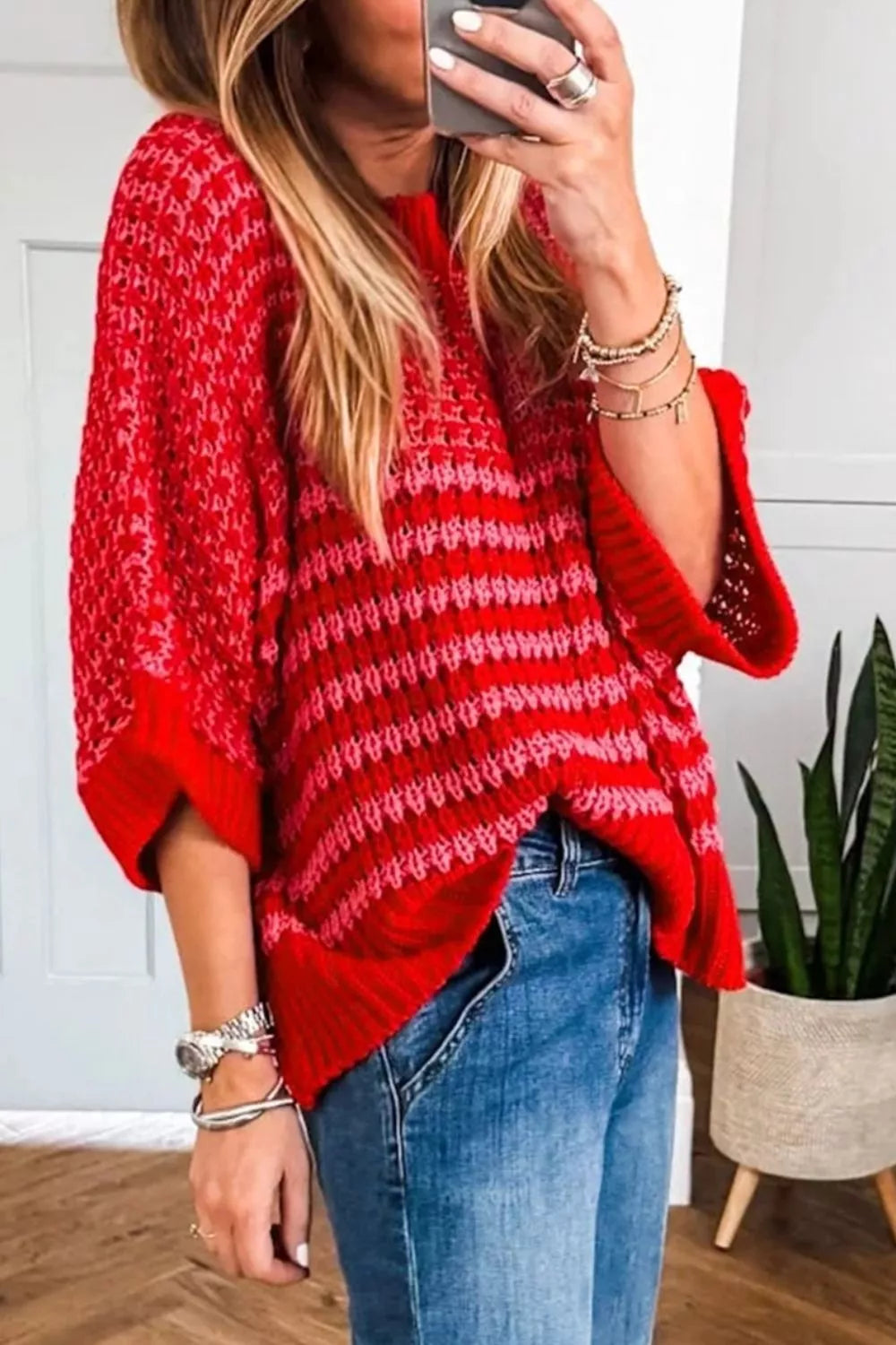 Stripe Wavy Crochet Eyelet Detail Ruffle Half Sleeve Sweater 