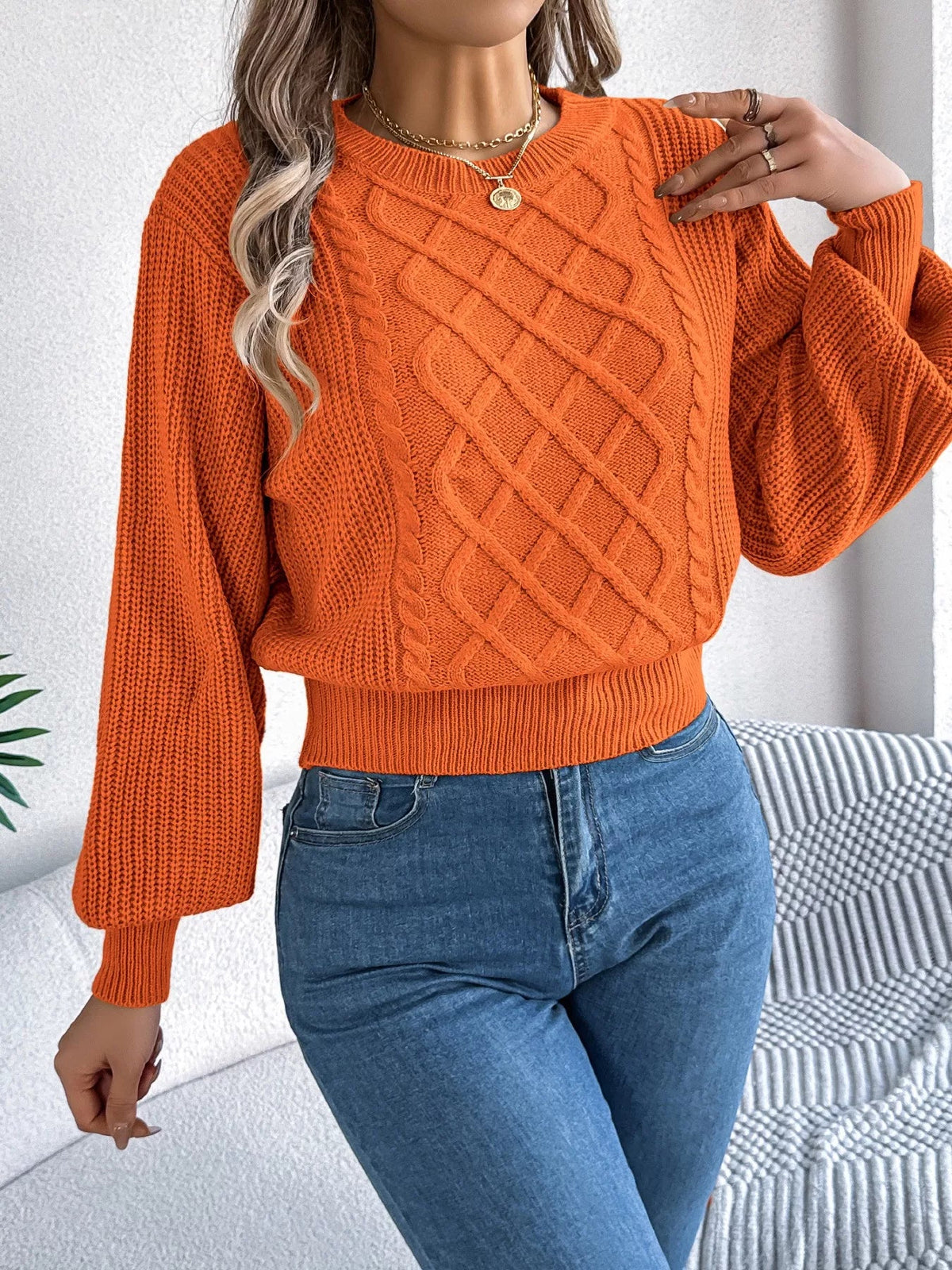 Cable Knit Diamond Pattern Long Sleeve Sweater 