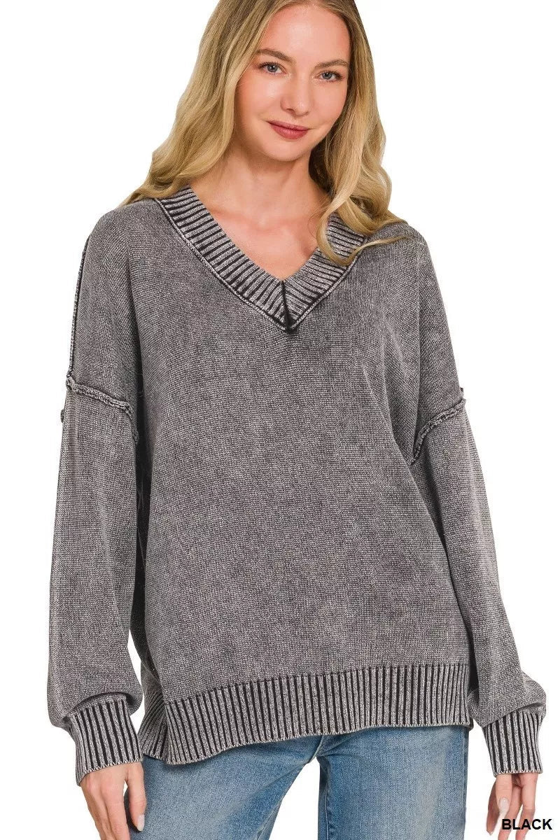 Zenana Washed Deep V-neck Oversized Sweater 