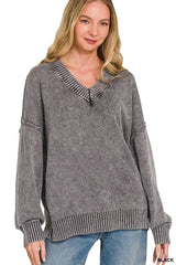 Zenana Washed Deep V-neck Oversized Sweater 