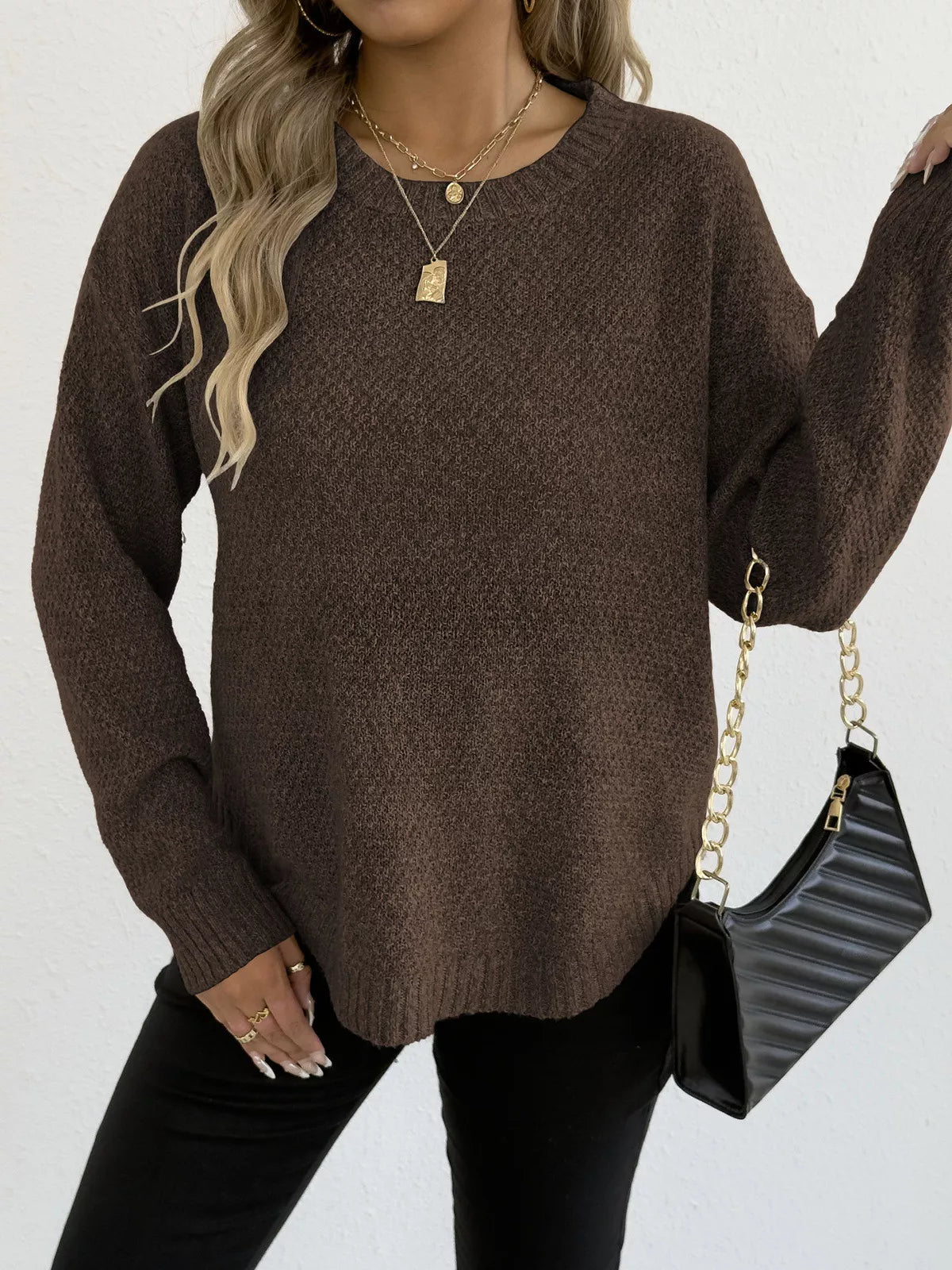Textured Knit Relaxed Fit Round Neck Sweater 