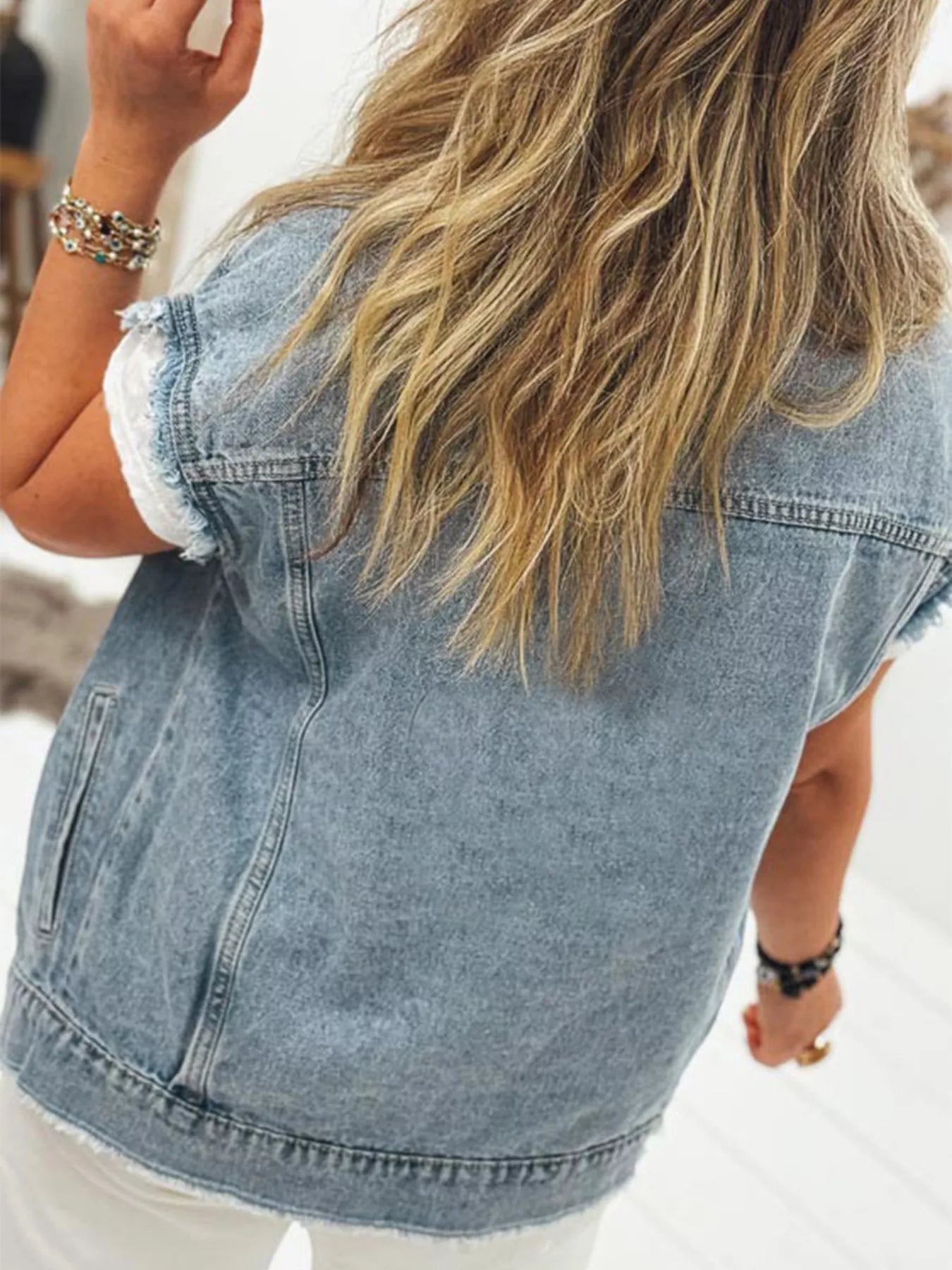 Button Flap Pocket Frayed Detail Denim Vest 