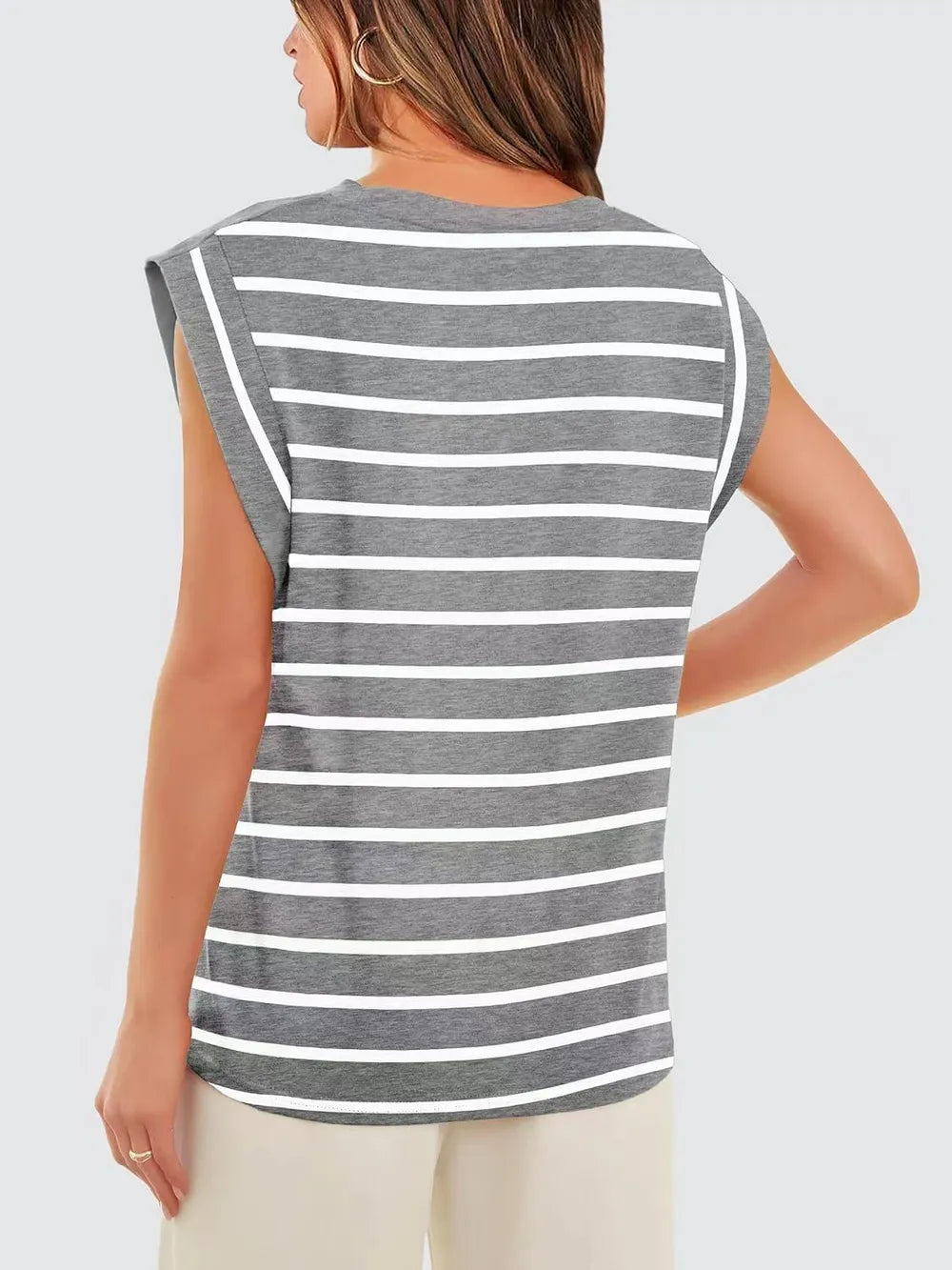 Striped Round Neck Cap Sleeve T-Shirt 