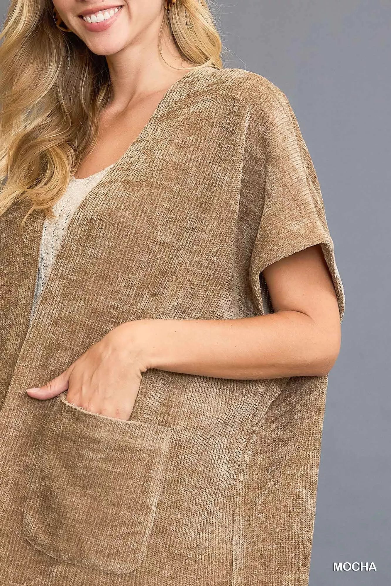 Umgee Open Front Knit Cardigan with Front Pockets 