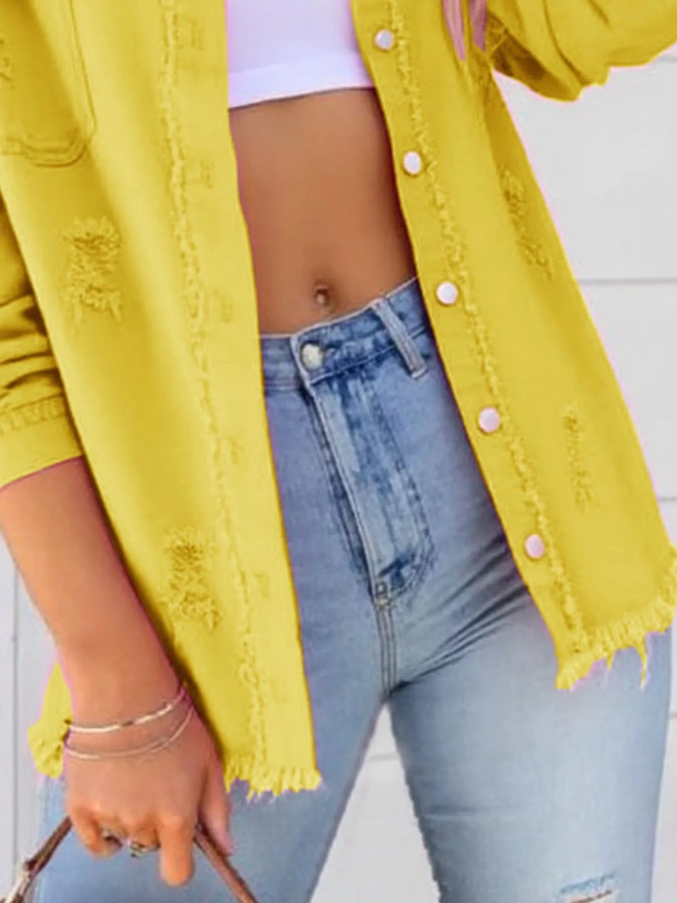 Distressed Denim Jacket with Frayed Edges 