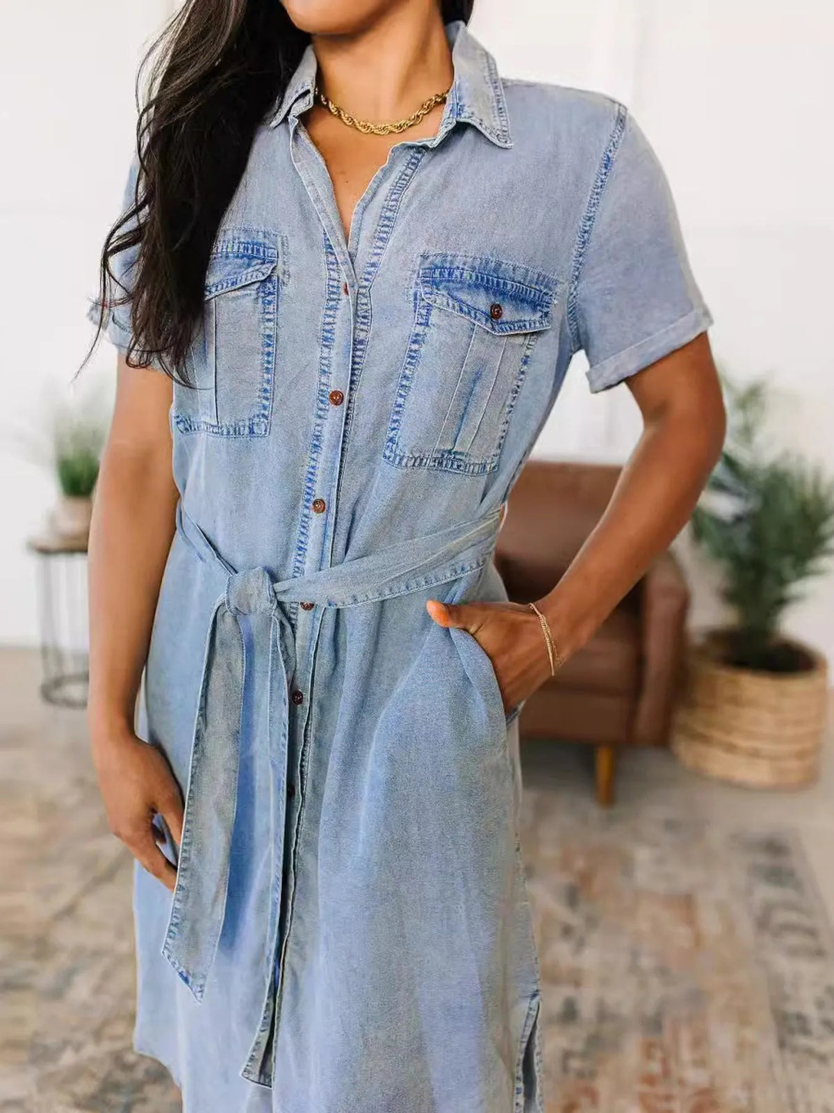 Button Front Short Sleeve Denim Dress 