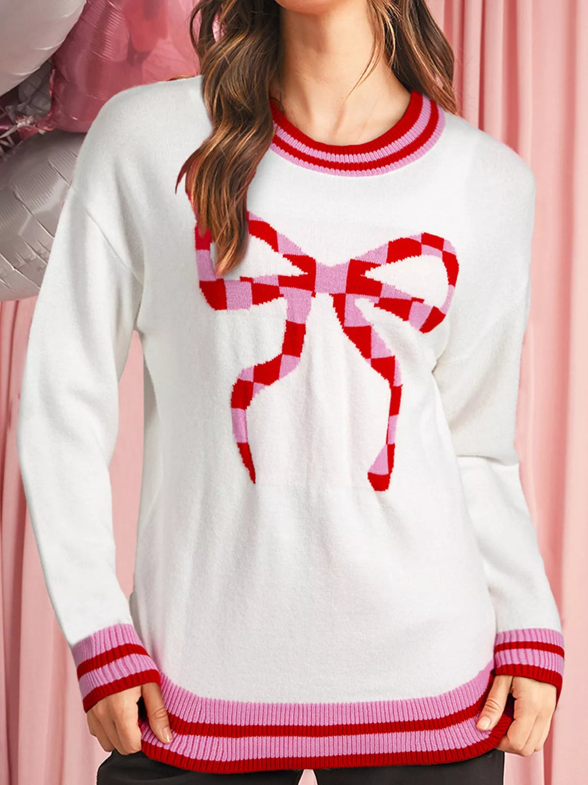 Striped Trim Bow Graphic Round Neck Drop Shoulder Sweater 