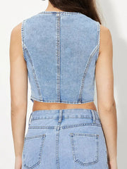 V-Neck Button Up Denim Vest 