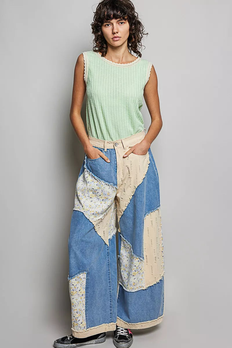 POL Ribbed Round Neck Tank with Lace Trim 
