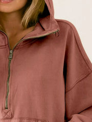 BiBi Stitch Detailed Elastic Hem Half Zip Fleece Hoodie 